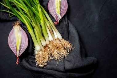 Koyu arkaplanda taze kırmızı ve beyaz soğan. Vejetaryen yemeği. Yiyecek.