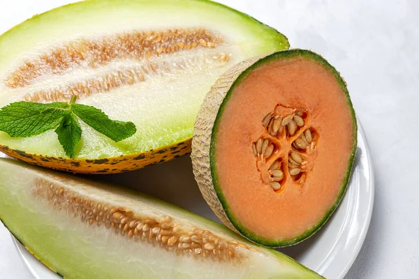 Fresh Assortment Melon Mint Gray Background Vegan Food Concept Healthy — Stock Photo, Image