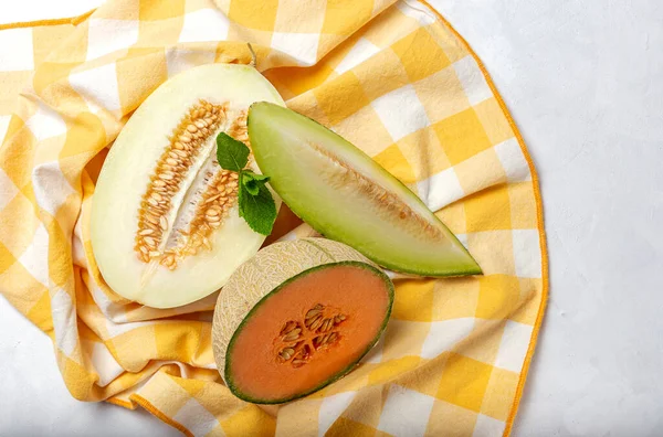 Fresh Assortment Melon Mint White Background Vegan Food Concept Healthy — Stock Photo, Image