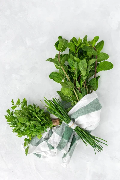 Assortment Fresh Aromatic Herbs White Background Parsley Mint Thyme Basil — Stock Photo, Image