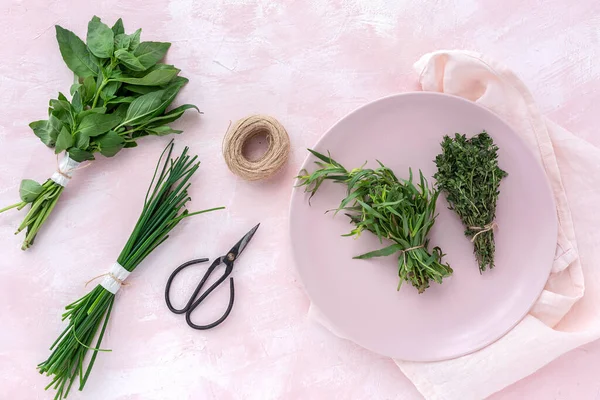 Assortimento Erbe Aromatiche Fresche Dall Alto Sfondo Rosa Prezzemolo Menta — Foto Stock