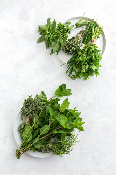 Assortment Fresh Aromatic Herbs White Background Parsley Mint Thyme Basil — Stock Photo, Image