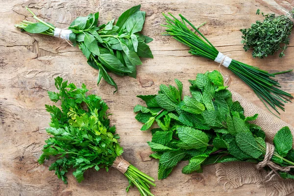 Assortment Fresh Aromatic Herbs Old Wood Background Parsley Mint Thyme — Stock Photo, Image