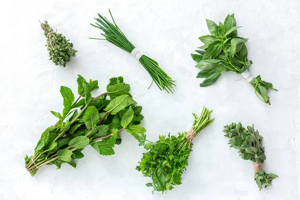 Assortment Fresh Aromatic Herbs White Background Parsley Mint Thyme Basil — Stock Photo, Image