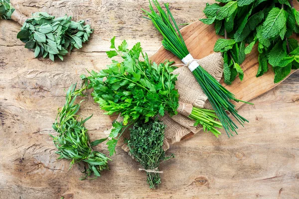 Assortment Fresh Aromatic Herbs Old Wood Background Parsley Mint Thyme — Stock Photo, Image