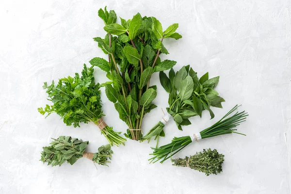 Assortment Fresh Aromatic Herbs White Background Parsley Mint Thyme Basil — Stock Photo, Image