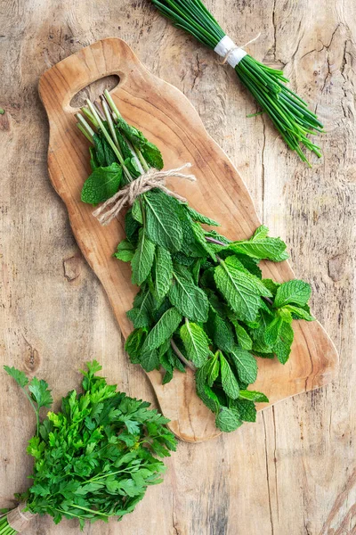 Assortment Fresh Aromatic Herbs Old Wood Background Parsley Mint Thyme — Stock Photo, Image