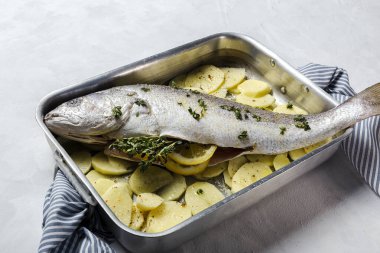 Patates, kekik ve limonla kızartılmaya hazır taze çiğ Corvina balığı. Deniz ürünleri. Corvin. Ev yapımı.