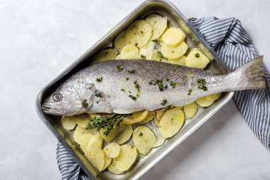 Patates, kekik ve limonla kızartılmaya hazır taze çiğ Corvina balığı. Deniz ürünleri. Corvin. Ev yapımı.
