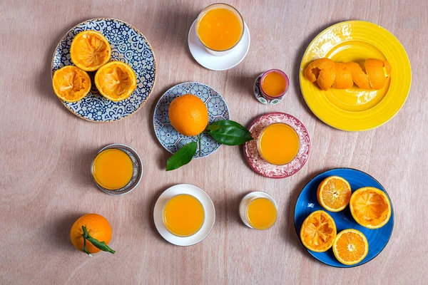 Homemade Orange Juice Wooden Table Flat Lay Top View Healthy — Stock Photo, Image