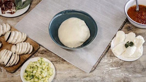 Chef Hands Making Homemade Pizza Dough Preparing Tomato Mushrooms Ham — Stock Photo, Image