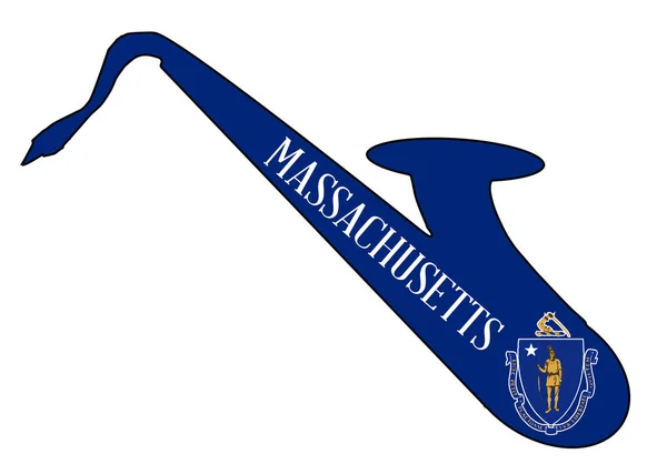 Silueta de saxofón con iconos de la bandera de Massachusetts — Vector de stock