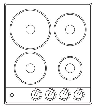 An outline drawing of an electric hob turned on showing four conventional hot plates clipart