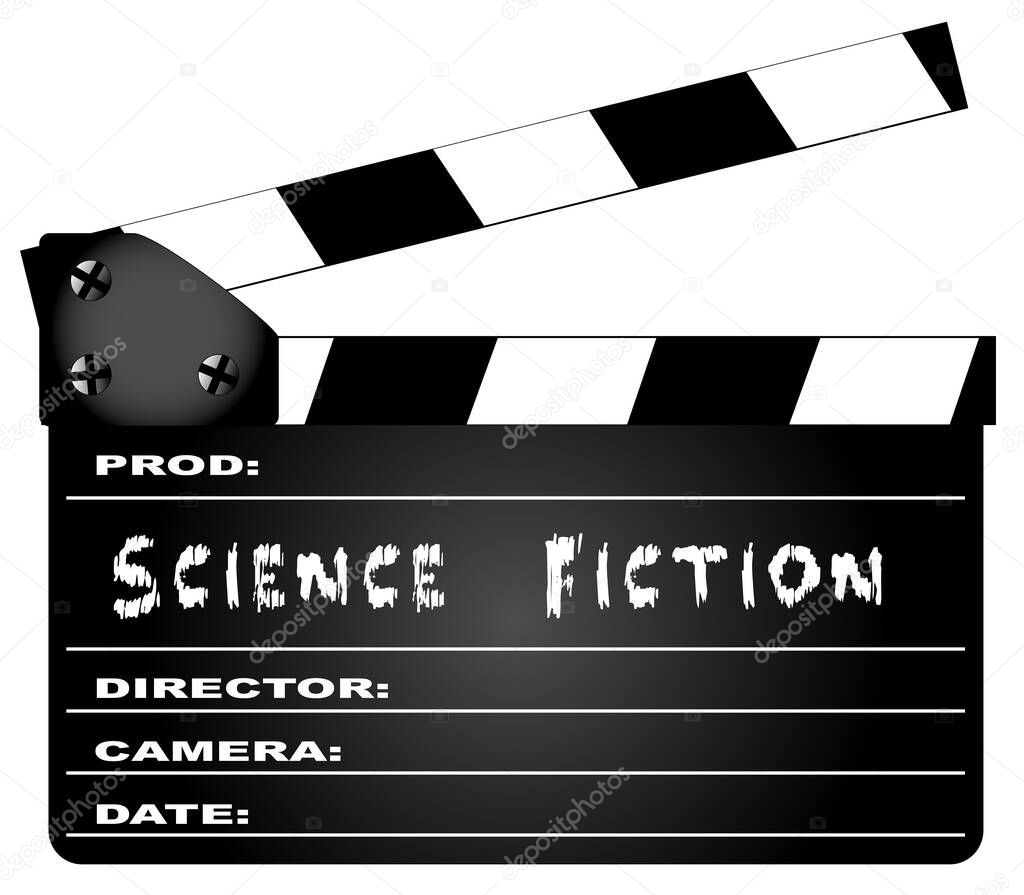 A typical movie clapperboard with the legend Science Fiction isolated on white.
