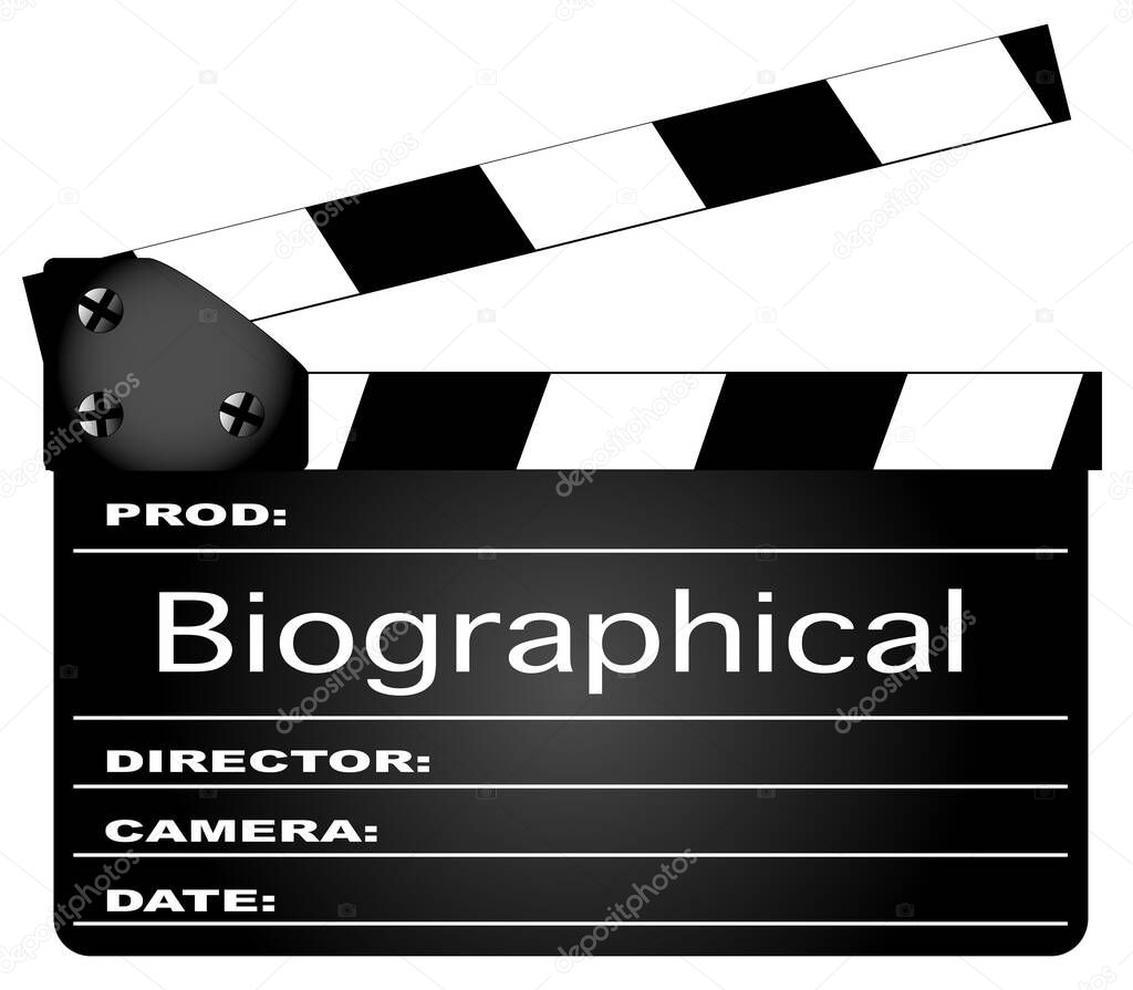 A typical movie clapperboard with the legend biographical isolated on white.