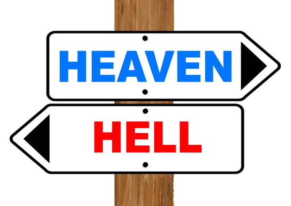 Heaven Hell Signs Red Blue Text Fixed Wooden Pole White — Stock Vector