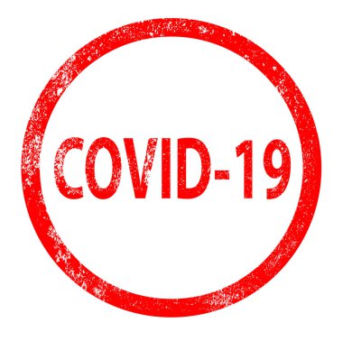 Covid 19 Coronavirus kırmızı kauçuk mürekkep izi beyaz arka planda izole edilmiş.