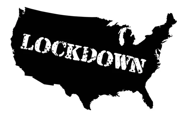 アメリカ合衆国の黒いシルエットの地図テキストと白い背景にロックダウン — ストックベクタ