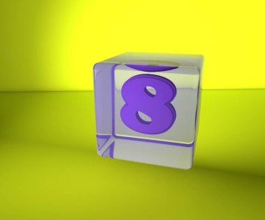 İzole edilmiş üç boyutlu illüstrasyon. Cam küpte renkli sayılar.