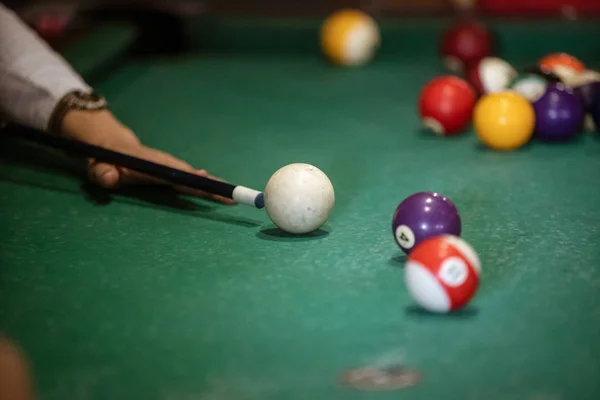 Sports game of billiards on a green cloth. Billiard balls with n — Stock Photo, Image