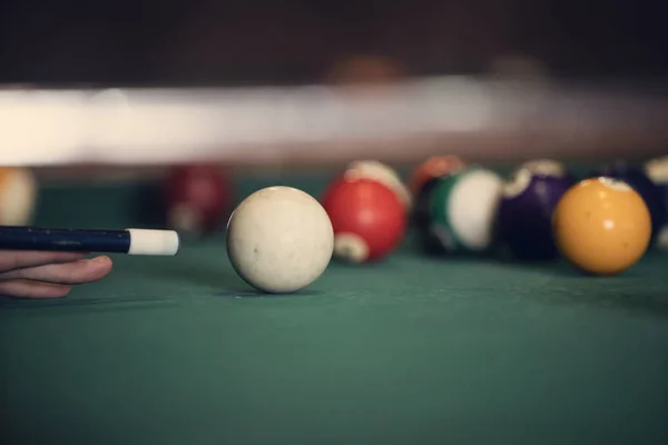 Sports game of billiards on a green cloth. Billiard balls with n — 스톡 사진