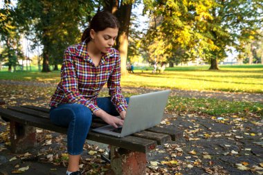 Parkta dizüstü bilgisayarda çalışan mutlu hipster genç kadın