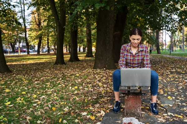 Feliz hipster jovem mulher trabalhando no laptop no parque — Fotografia de Stock