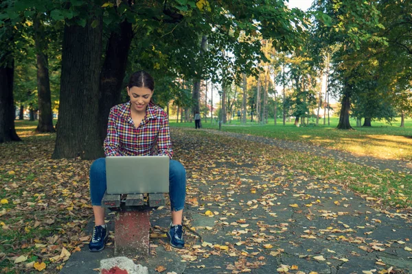 Feliz hipster jovem mulher trabalhando no laptop no parque — Fotografia de Stock