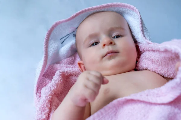 Six Month Baby Girl Wearing Towel Bath Childhood Baby Care — Stock Photo, Image