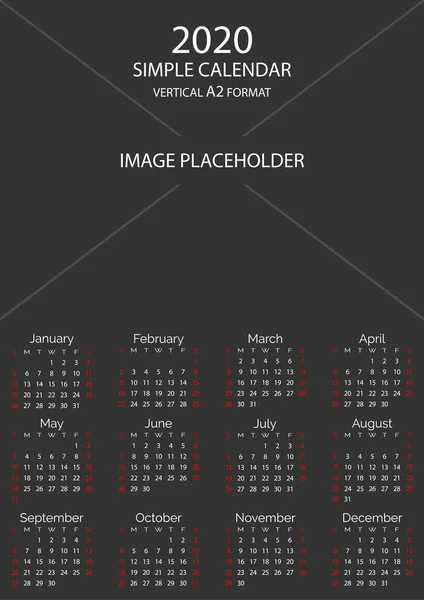 Modèle de grille de calendrier vertical simple 2020 avec espace réservé à l'image — Image vectorielle