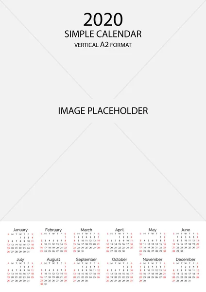 2020 eenvoudige verticale kalender grid template met afbeelding plaats — Stockvector