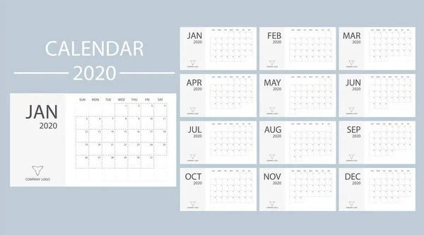 Zwart-wit kalender 2020 met week begint op zondag. Minima — Stockvector