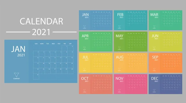 Calendrier 2021 avec semaine commence le dimanche. Vecteur de planification minimal — Image vectorielle