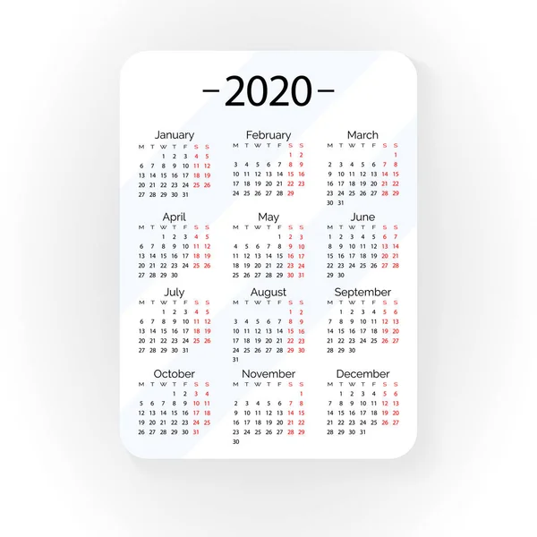 Witte pocket vector kalender 2020 jaar. Minimale zakelijke eenvoudig — Stockvector