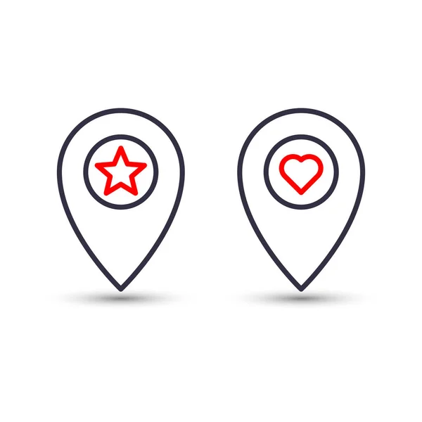 Outline star and heart in pinpoint icon. Favorite pin location g — Stock vektor