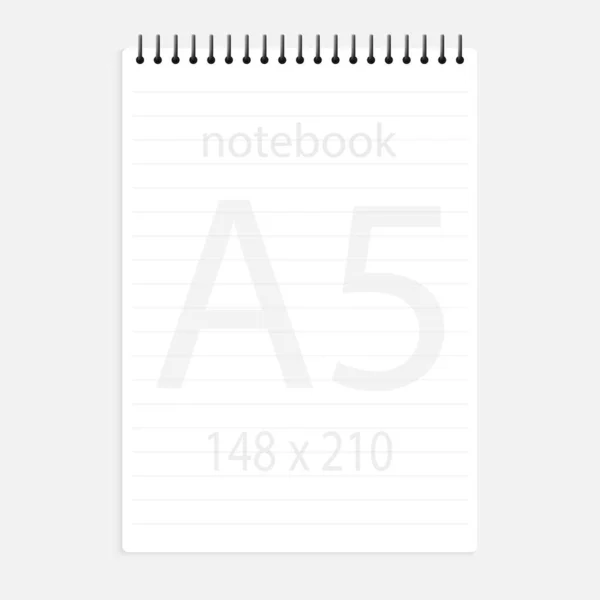 Notebook a5 148x210. Realista branco branco papel bloco de notas página te — Vetor de Stock
