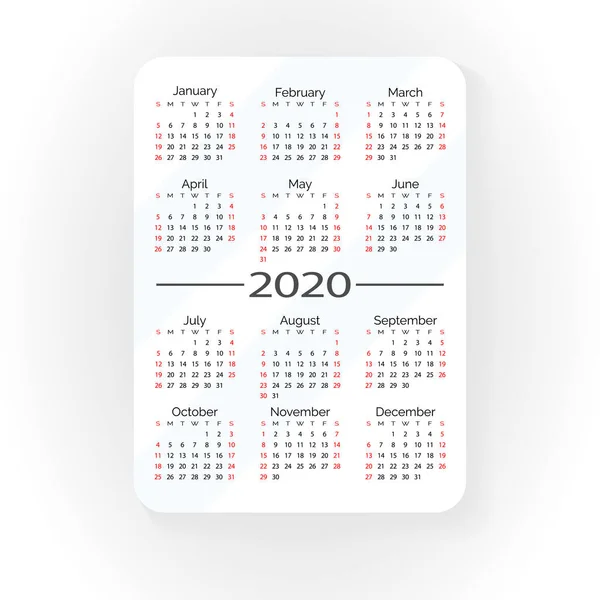 Кишеньковий векторний календар 2020 року. Текст зосереджений. Мінімальні автобуси — стоковий вектор
