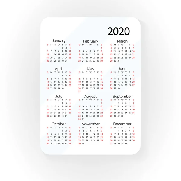 Zakvector kalender 2020 jaar. Minimale zakelijke eenvoudig schoon — Stockvector