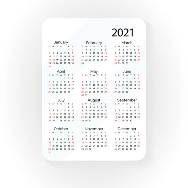 Kapesní vektorový kalendář 2021 rok. Minimální byznys jednoduchý čistý — Stockový vektor