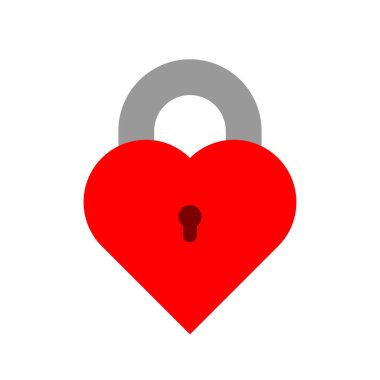 Kırmızı vektör, anahtar deliğiyle kalp şeklinde kapalı kilit. Düz!
