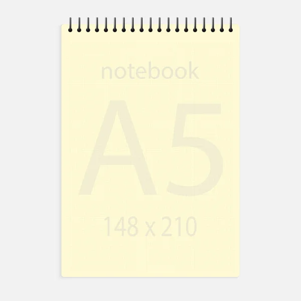 笔记本电脑a5 148x210 。现实的黄色空白记事本纸页t — 图库矢量图片