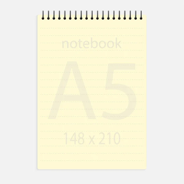 笔记本电脑a5 148x210 。现实的黄色空白记事本纸页t — 图库矢量图片