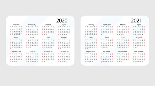 Horizontal vector bolsillo calendario 2020 y 2021 conjunto de años. Minima. — Vector de stock