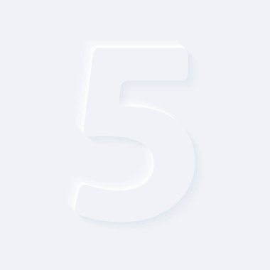 5 numaralı alfabenin vektör düğmesi. Parlak beyaz gradyan neumorfik efekt karakter tipi simgesi. İnternet gri simgesi arkaplanda izole.