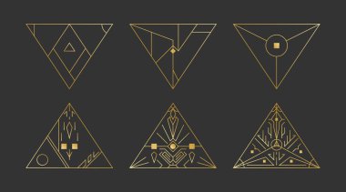 Geometrik şekiller, soyut sanat vektörü deco çerçeveleri. Hippi modası tarzı 1920 tasarımı. Lüks kapaklı poster broşürü tasarımı. Zarif işaretler ve ikonlar. Gizemli kabile illüstrasyon sanatı