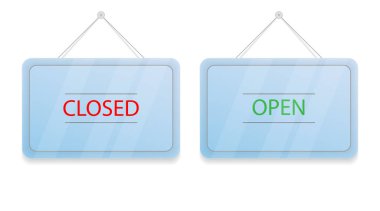 Kırmızı kapalı ve yeşil. Kapı işaretleri asılmış. Beyaz arka planda gölgesi olan mavi tabela. Gerçekçi vektör illüstrasyonu