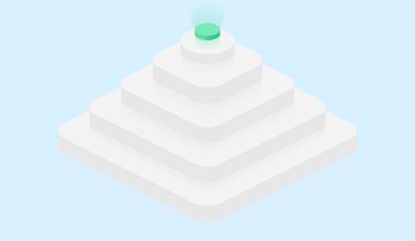 Bilgi tablosu elementleri. Isometric iş 3d beyaz piramit. Yeşil üst kat. Vektör şirketinin grafik çizimi. Pazarlama 7 seviye şema akış şeması. Web sitesi arka planı.