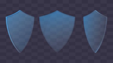 Camdan akrilik kalkan, farklı açılardan, önden ve yandan. Vektör illüstrasyonu şeffaf bir arkaplanda izole edildi. Güvenlik ve güvenlik