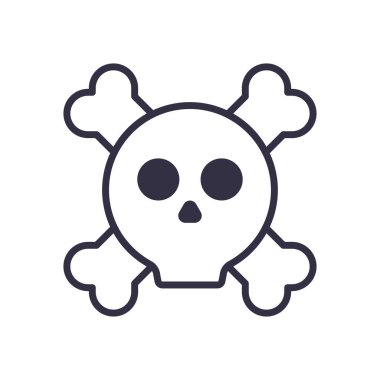 Kafatası ve kemikler dış görünüş simgesi. Çizgi film tarzı. Tehlikeli zehirli şarkı. Kanun kaçağı ve korsanlık sembolü. Vektör illüstrasyonu