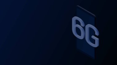 Altıncı nesil. Bir Teknoloji Tasarısı. İzometrik vektör çizimi. 6G harfli mavi bir akıllı telefonun 3D modeli.. 